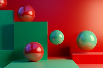 Generative AI illustration of colorful geometric shapes of smooth and shiny spheres on steps of square platforms against red and green background