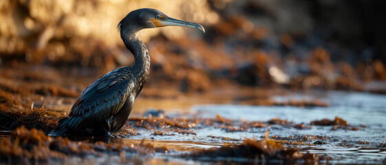 A cormorant bird by the water at golden hour, exuding wild grace - obrazy, fototapety, plakaty