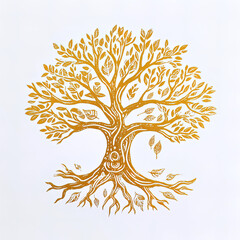 Golden Yggdrasil tree with leaves, Norse mythology logo