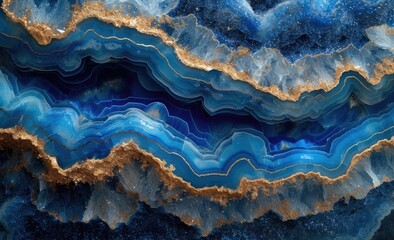 layers of dark blue agate geodes close up with smooth, soothing ocean-like textures with subtle elegant luxurious gold veining and gold borders, marble texture