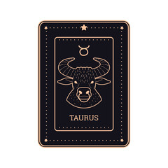 Horoscope black card in line art style with Taurus zodiac sign and symbol golden contour, Astrological outline design