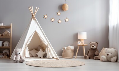Fototapeta na wymiar A child's playroom with a teepee tent