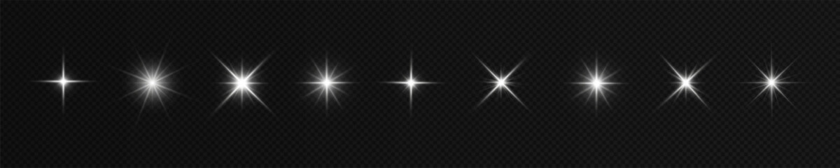 Stars bright white. Glow light effect.  Transparent light effect sparkl, lens flare, explosion, glitter, sun flash, sparks and stars. Sunlight, abstract special effect. - obrazy, fototapety, plakaty