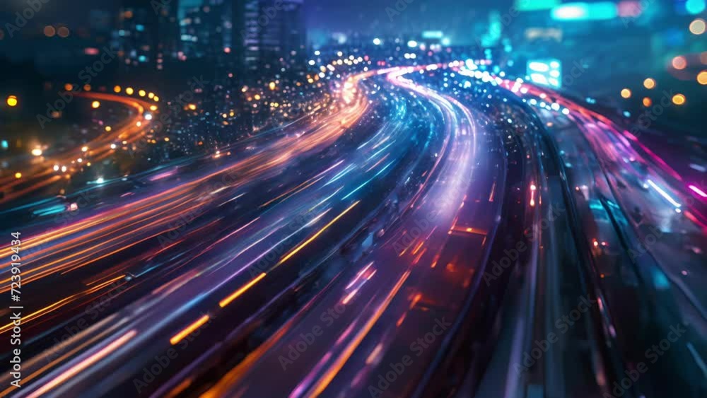 Poster the glittering cascade of car light trails below coalesces into streams of color creating a stunning