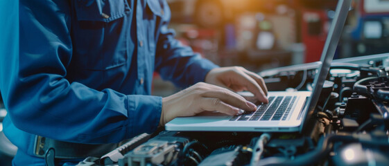 A mechanic using a laptop for vehicle diagnostics, merging auto repair with technology