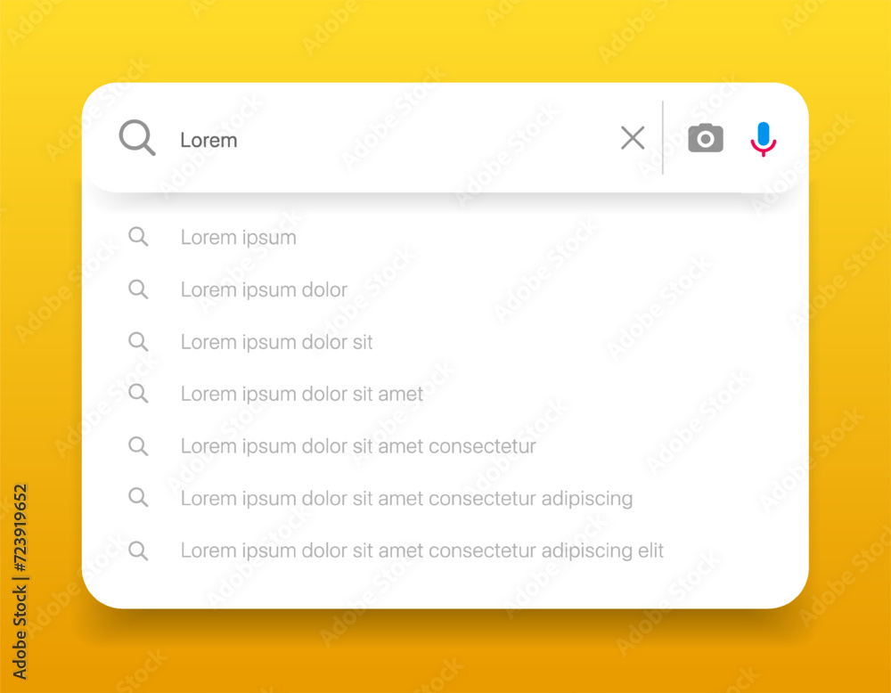 Poster Search Bar with suggestions for UI UX design and web site. Search Address and navigation bar icon. Collection of search form templates for websites. Search engine web browser window template.