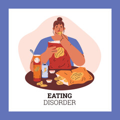 Woman eating crisps and soda fast junk food, unhealthy fat snacks, eating disorder, bad eating habit vector poster