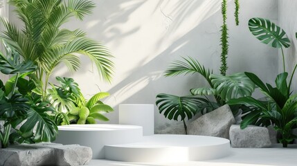 Green leaves and stone slabs product display, white podium and platforms  