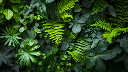 Tropical leaves background with ferns and other plants
