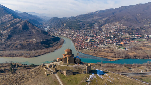 Aerial View of Jvari Monastery Overlooking the Confluence of Mtkvari and Aragvi Rivers in Mtskheta