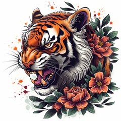 Fierce Tiger Old School Tattoo Illustration with Floral Accents