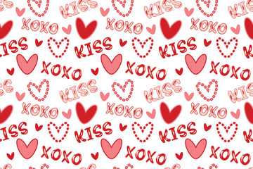 Cute red pink hearts words xoxo kiss seamless pattern lovely romantic Isolated background Valentine's Day textiles fabric wallpaper wrapping paper wallpaper polygraphy Repeating design Fabric print