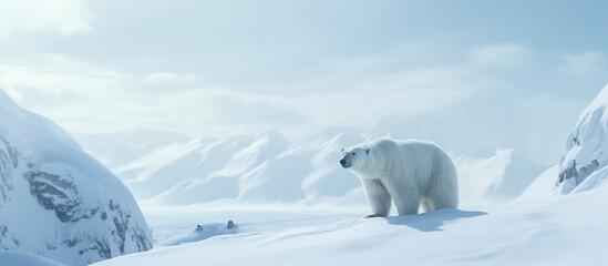 polar bear (Ursus maritimus) in the icy landscapes of North Pole on a cloudy day - obrazy, fototapety, plakaty
