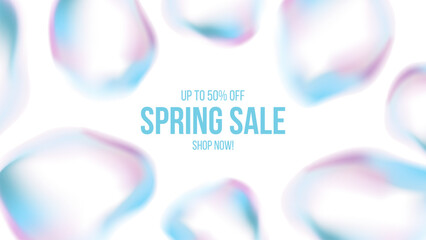 Spring Sale Banner. Springtime Sale promotion background with light colored bubbles. Soft fluid blurred colors. Blue and pink color gradients. Vector illustration. - obrazy, fototapety, plakaty