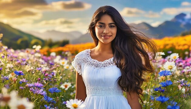 Portrait einer sch&ouml;nen Frau mit langen, lockigen Haaren in einer Blumenwiese und Bergen im Hintergrund. Ai. Urlaub. Landschaft.
