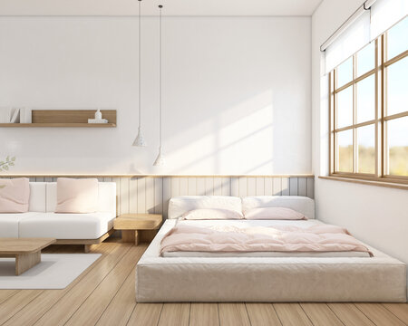 Modern japan style tiny room decorated with minimalist bed and sofa, white wall and gray slat wall, wood floor and window. 3d rendering