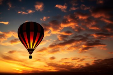 Fototapeta premium Silhouette of a hot air balloon illuminated on sunset, ascending above the horizon, copy space