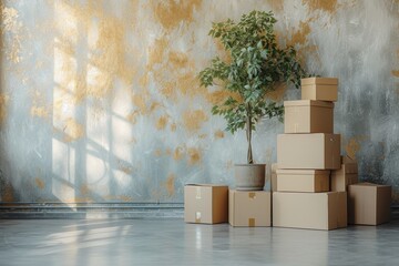 Boxes and a plant stacked in front of an empty room ready for a new beginning or relocation, moving day picture