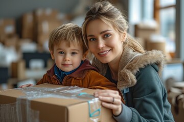 Mother and son packing a carton with tape preparing for a move or shipment together at home, packing and decluttering image