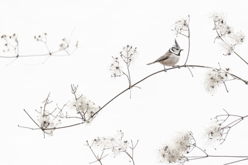 Crested tit on clematis vitalba, fine art photography on white background (Lophophanes cristatus)