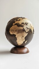 Glossy black globe showcasing Africa with golden continents, resting on a wooden stand against a neutral backdrop