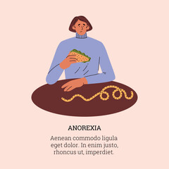 Woman eating sandwich with fresh vegetables and salad, measuring tape on the table, eating disorder and anorexia vector