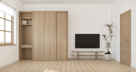 Modern japan style tiny room decorated with minimalist tv cabinet and wardrobe, white wall and wood floor. 3d rendering