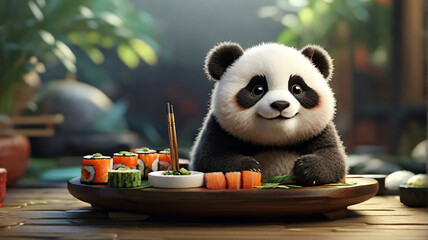 Generative Ai Cute panda bear with sushi and chopsticks on wooden table