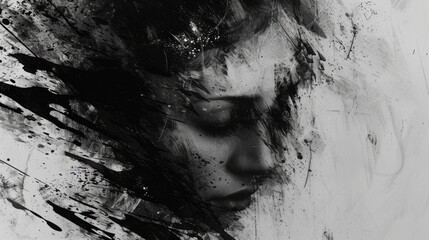 abstract woman face of depression, anxiety, illness or sadness, copy space background - obrazy, fototapety, plakaty