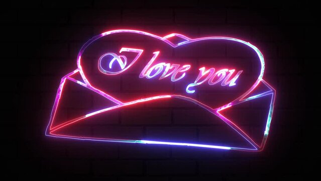 Retro neon heart sign on purple background. Glowing neon heart shape with text i love you and letter box suit icon. Red and blue color neon two heart shape Valentine's Day love sign card.