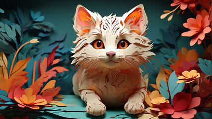Cute white cat with orange eyes lying among autumn leaves and flowers.
