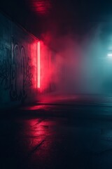Red and blue neon lights in a dark tunnel