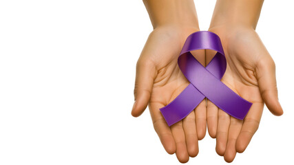 Two hands holding purple awareness ribbon, white background, top view, copy space on the left - obrazy, fototapety, plakaty