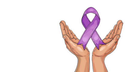Illustration of two hands holding purple awareness ribbon, white background, top view, copy space on the right - Powered by Adobe