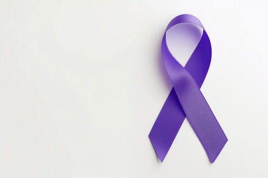 Symbol of purple awareness ribbon, white background, copy space