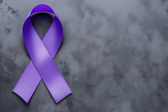 Symbol of purple awareness ribbon, grey background, space for text