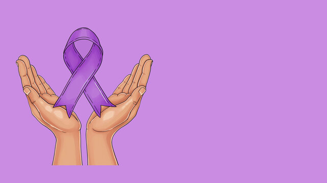 Illustration of two hands holding awareness ribbon, purple background, top view, copy space on the right