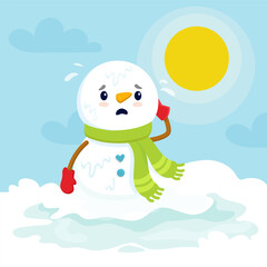 cartoon snowman melting. Sad snowman character in spring.Vector illustration