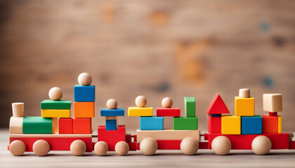 Naklejka premium Wooden colorful block train on room background. Brain and coordination exercise