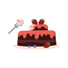 Chocolate cake with fruit topping and berries on a plate, fork with a piece of dessert, eating disorder vector concept