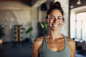 smiling happy female yoga instructor in a fitness studio