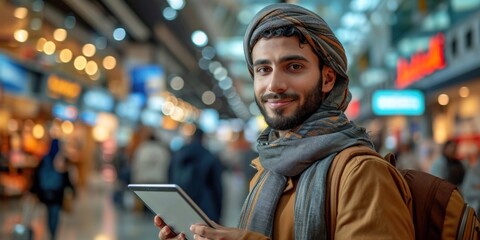 Obraz premium A smiling Arabian businessman with a tablet, waiting at the city's transportation station.