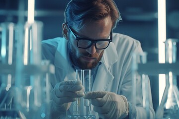 Generative AI image of crop male scientist in lab coat and glasses with liquid in test tube while conducting chemical experiment in lab