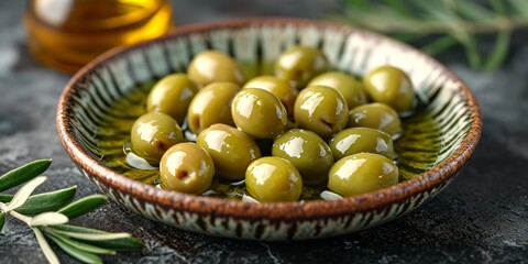 A healthy green olive bowl on a wooden background, representing freshness and organic cuisine.