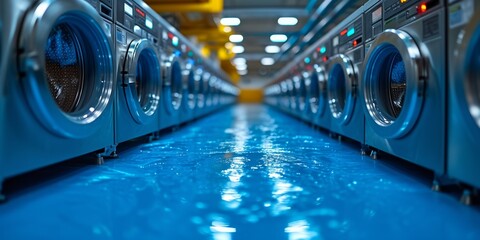 A commercial laundry machine aisle in a modern, technology-equipped laundromat with white appliances. - obrazy, fototapety, plakaty