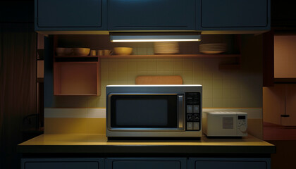 Obraz premium microwave kitchen front shot wide shot yellow lighti