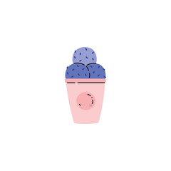 Ice cream basket, dairy cold sweet in container, three blue balls ice cream basket product, vector eating disorder