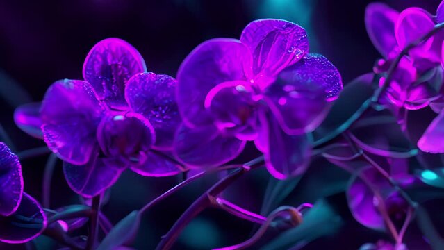 A neon orchid with intricate purple and teal petals looking like soing out of a futuristic dream.