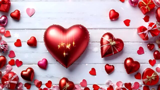 Heart symbol and valentine gift for celebration on white board background. Animated background of seamless looping hearts and copy space for text.