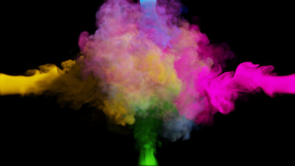 Clubs of multi-colored smoke collide from four sides on a black background. 3d illustration.
